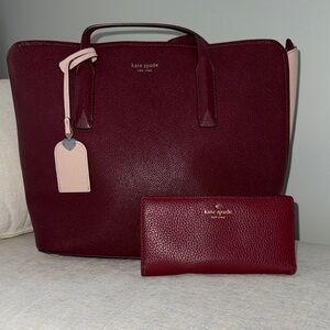 Kate Spade Maroon and Beige Tote Bag with matching wallet